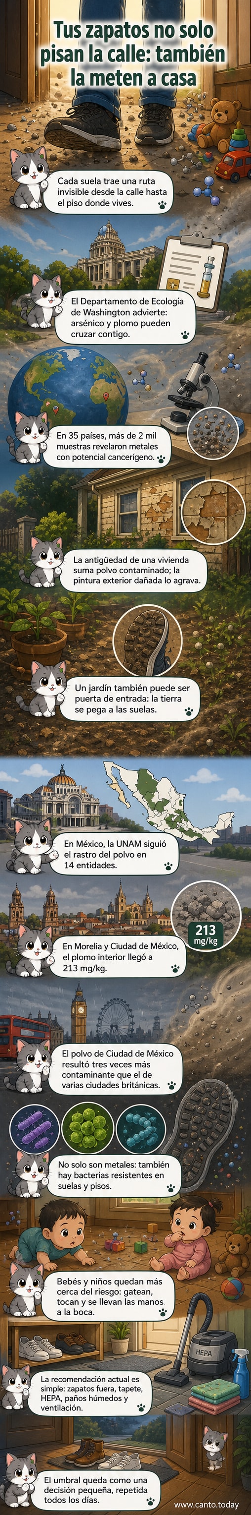 Ilustración de una casa con huellas tóxicas entrando por la puerta desde los zapatos, con símbolos de metales pesados y bacterias en el suelo interior.