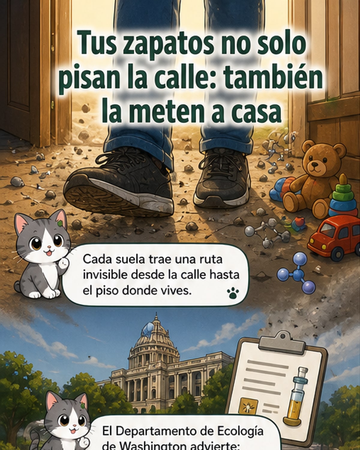 Ilustración de una casa con huellas tóxicas entrando por la puerta desde los zapatos, con símbolos de metales pesados y bacterias en el suelo interior.