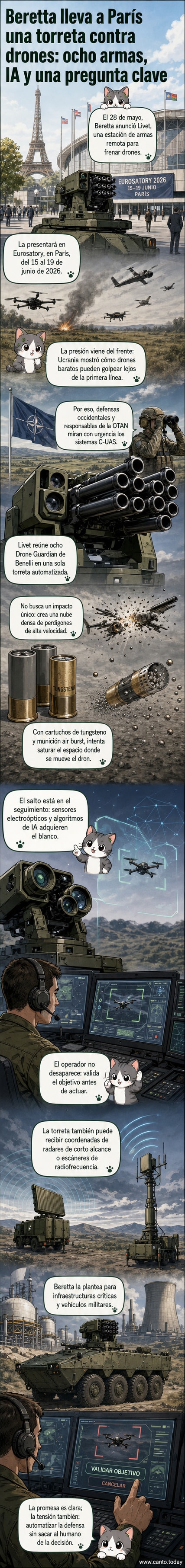 Representación ilustrada de la torreta Livet de Beretta, mostrando ocho fusiles integrados apuntando al cielo, con trayectorias de perdigones impactando drones en vuelo.