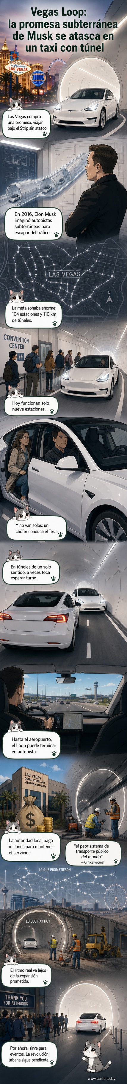 Ilustración de un túnel subterráneo en Las Vegas con un Tesla manejado por un conductor humano, rodeado de carteles turísticos y estructuras de concreto, con un tono irónico que contrasta la promesa tecnológica con la realidad funcional limitada.