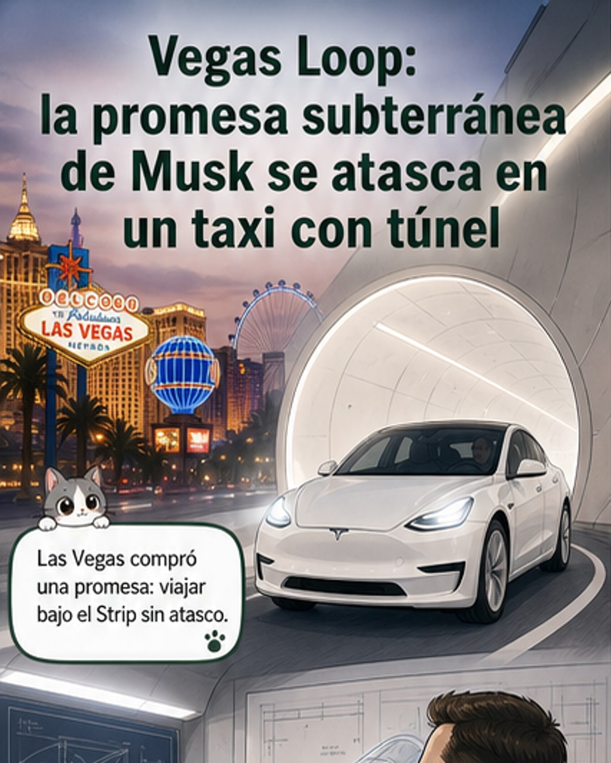 Ilustración de un túnel subterráneo en Las Vegas con un Tesla manejado por un conductor humano, rodeado de carteles turísticos y estructuras de concreto, con un tono irónico que contrasta la promesa tecnológica con la realidad funcional limitada.
