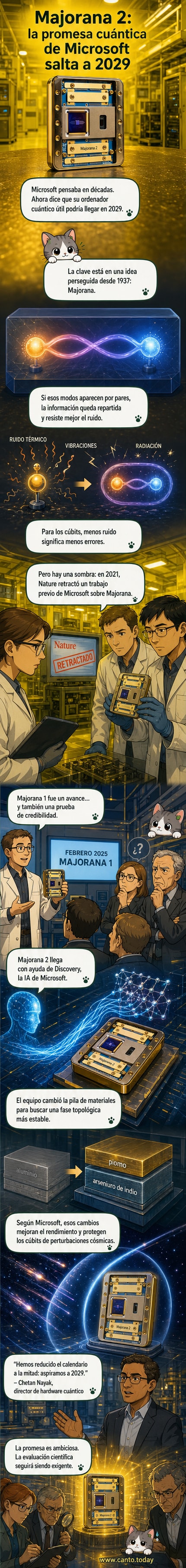 Ilustración de un chip cuántico con partículas de Majorana y líneas de conexión, sobre fondo oscuro con elementos tecnológicos.