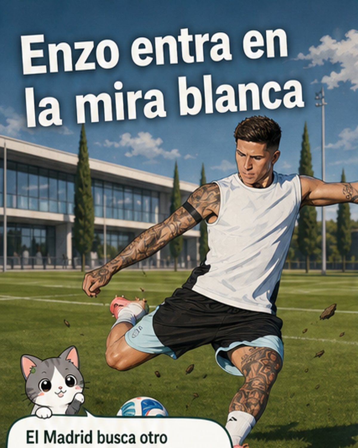 Ilustración de Enzo Fernández con la camiseta del Real Madrid, de fondo el estadio Santiago Bernabéu