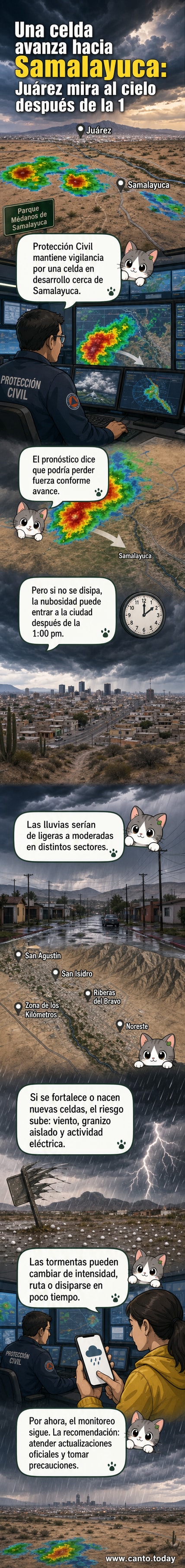 Mapa meteorológico con una celda de tormenta acercándose a Ciudad Juárez desde Samalayuca, con zonas de riesgo marcadas