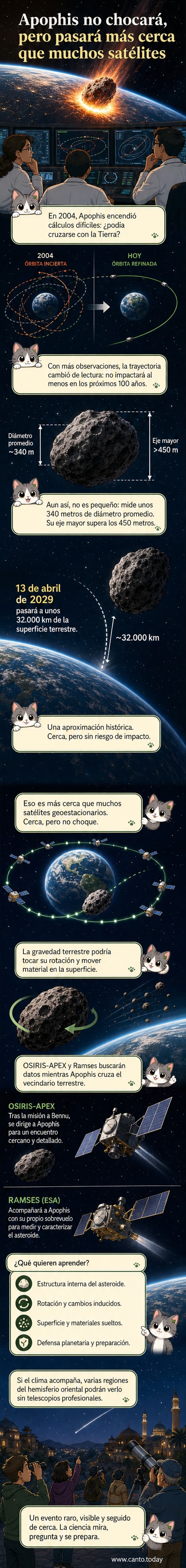 Ilustración de un asteroide grande acercándose a la Tierra, con la Luna de fondo y satélites artificiales en órbita. Un telescopio en la superficie terrestre lo observa.