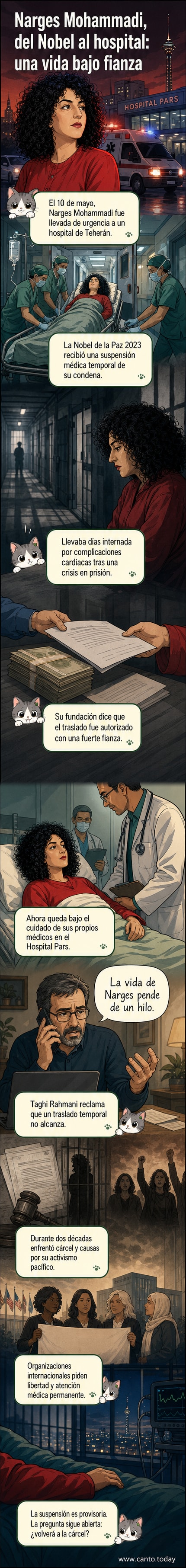Ilustración de Narges Mohammadi en un hospital, rodeada de médicos, con una expresión frágil pero serena, mientras documentos legales y símbolos de derechos humanos flotan en el aire.