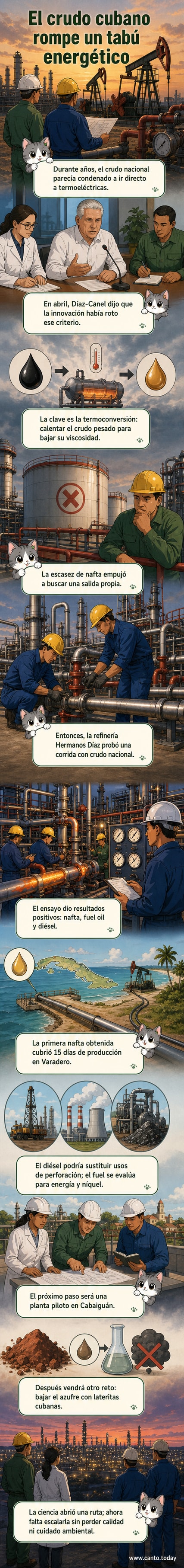 Ilustración de una refinería cubana procesando crudo pesado con tecnología de termoconversión, mostrando la transformación en derivados como nafta, diésel y fuel oil.