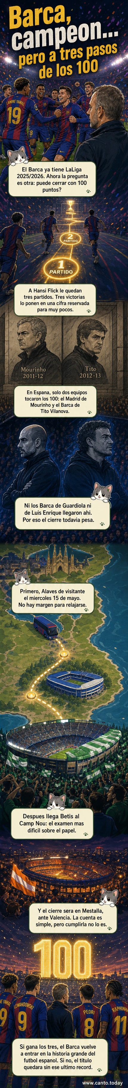 Ilustración de un jugador del Barcelona celebrando con el trofeo de LaLiga, mientras una tabla de posiciones muestra 97 puntos y tres partidos restantes.