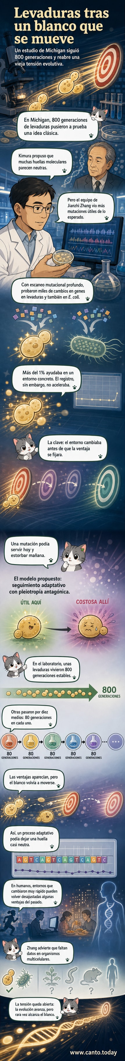 Ilustración de una carrera evolutiva donde organismos persiguen un objetivo móvil que representa un entorno cambiante, con mutaciones que aparecen y desaparecen.