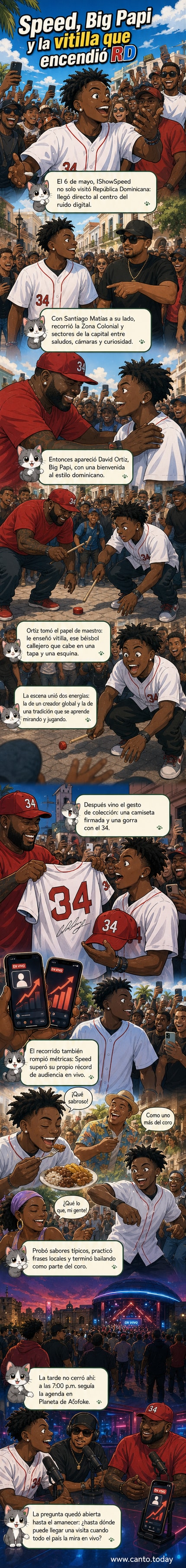 David Ortiz sonriendo mientras sostiene un bate de madera junto a IShowSpeed, quien mira con atención durante una partida de vitilla en una calle de República Dominicana. Al fondo, una camiseta de los Medias Rojas con el número 34 cuelga de un tendedero.