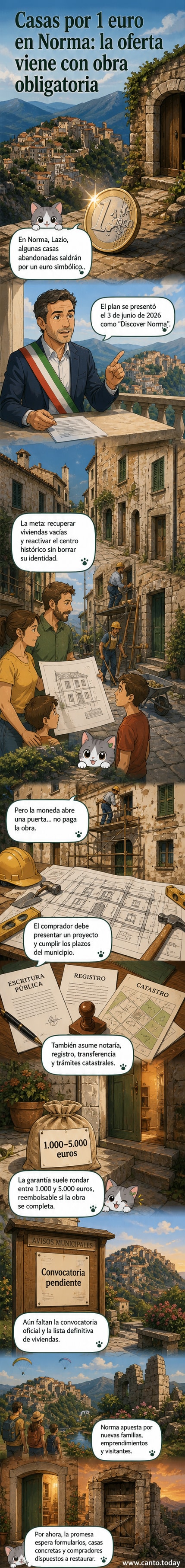 Ilustración de una pequeña casa de piedra en un pueblo italiano con carteles que indican 'Casa por 1 euro' en varios idiomas