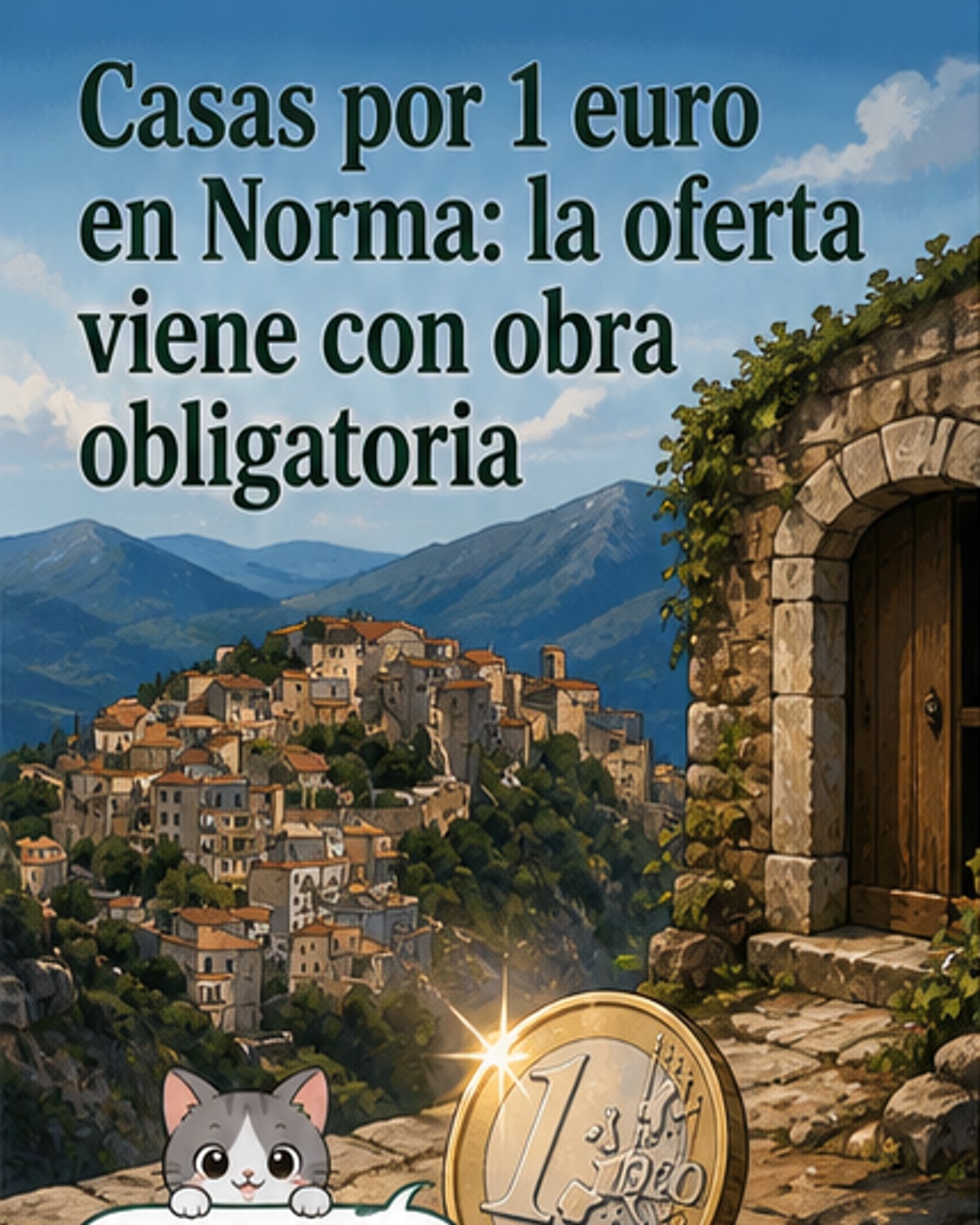 Ilustración de una pequeña casa de piedra en un pueblo italiano con carteles que indican 'Casa por 1 euro' en varios idiomas