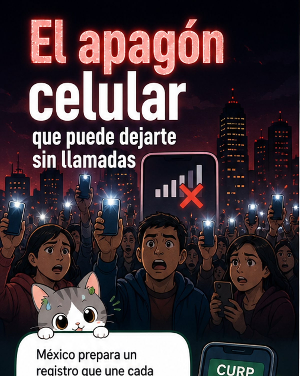Ilustración de una persona intentando usar su celular con pantalla negra y advertencia 'Servicio suspendido por falta de registro CURP'.