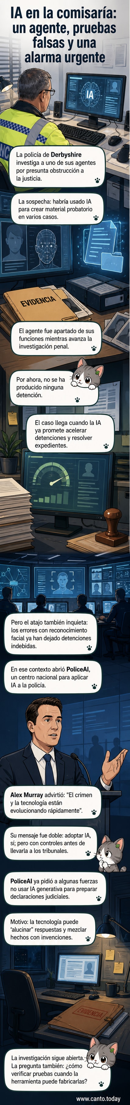 Ilustración de un policía frente a una pantalla con símbolos de inteligencia artificial y advertencias de falsificación de pruebas.