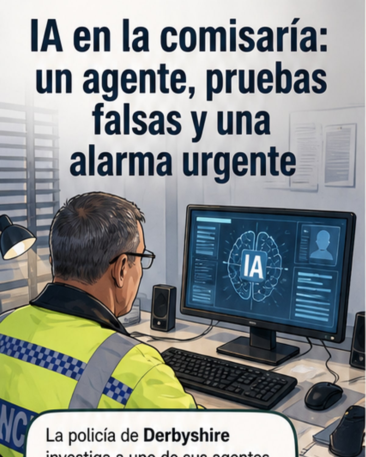 Ilustración de un policía frente a una pantalla con símbolos de inteligencia artificial y advertencias de falsificación de pruebas.