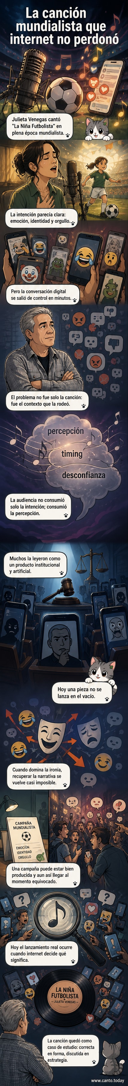 Ilustración de una niña jugando fútbol con una camiseta de la selección, mientras detrás de ella se proyectan memes y comentarios negativos en redes sociales.