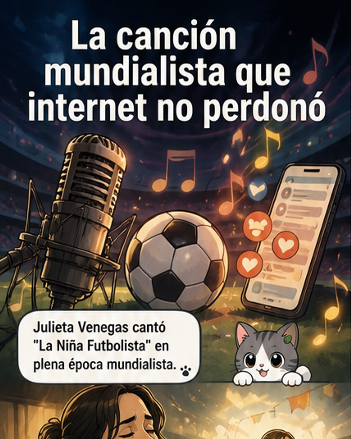 Ilustración de una niña jugando fútbol con una camiseta de la selección, mientras detrás de ella se proyectan memes y comentarios negativos en redes sociales.