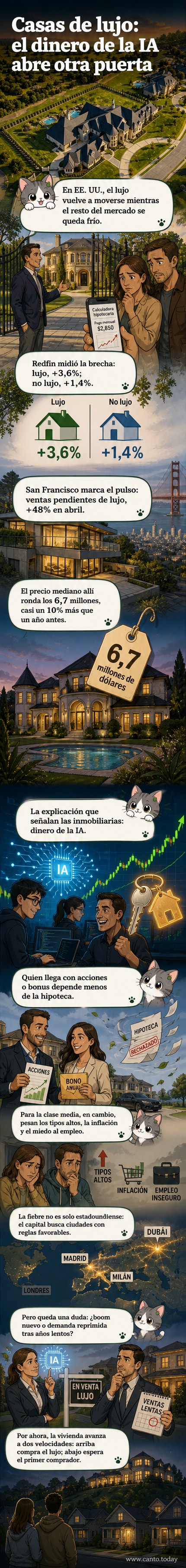 Ilustración de una casa de lujo en San Francisco con gráficos de bolsa y chips de IA en el jardín, simbolizando la conexión entre tecnología y riqueza inmobiliaria.
