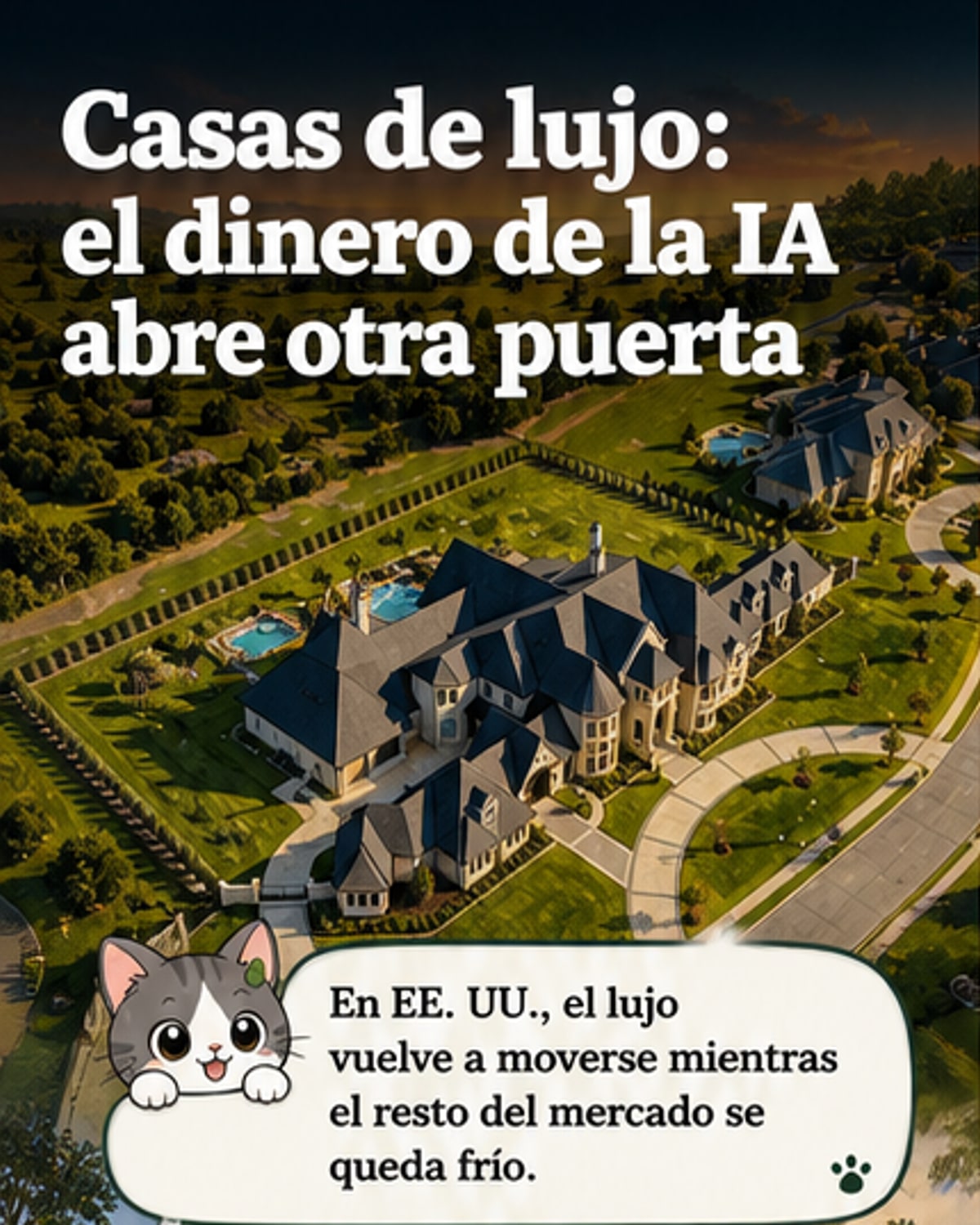 Ilustración de una casa de lujo en San Francisco con gráficos de bolsa y chips de IA en el jardín, simbolizando la conexión entre tecnología y riqueza inmobiliaria.