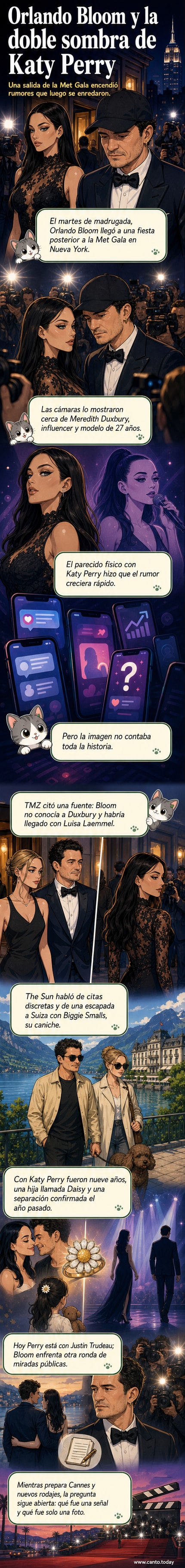 Orlando Bloom sale de un local nocturno en Nueva York con una gorra negra, acompañado por una mujer de cabello oscuro y vestido negro de encaje que recuerda a Katy Perry.