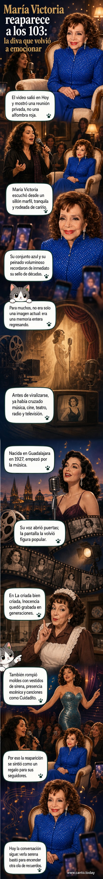 María Victoria, sentada en un sillón marfil, escucha una presentación musical de Tania Libertad durante una reunión familiar íntima.