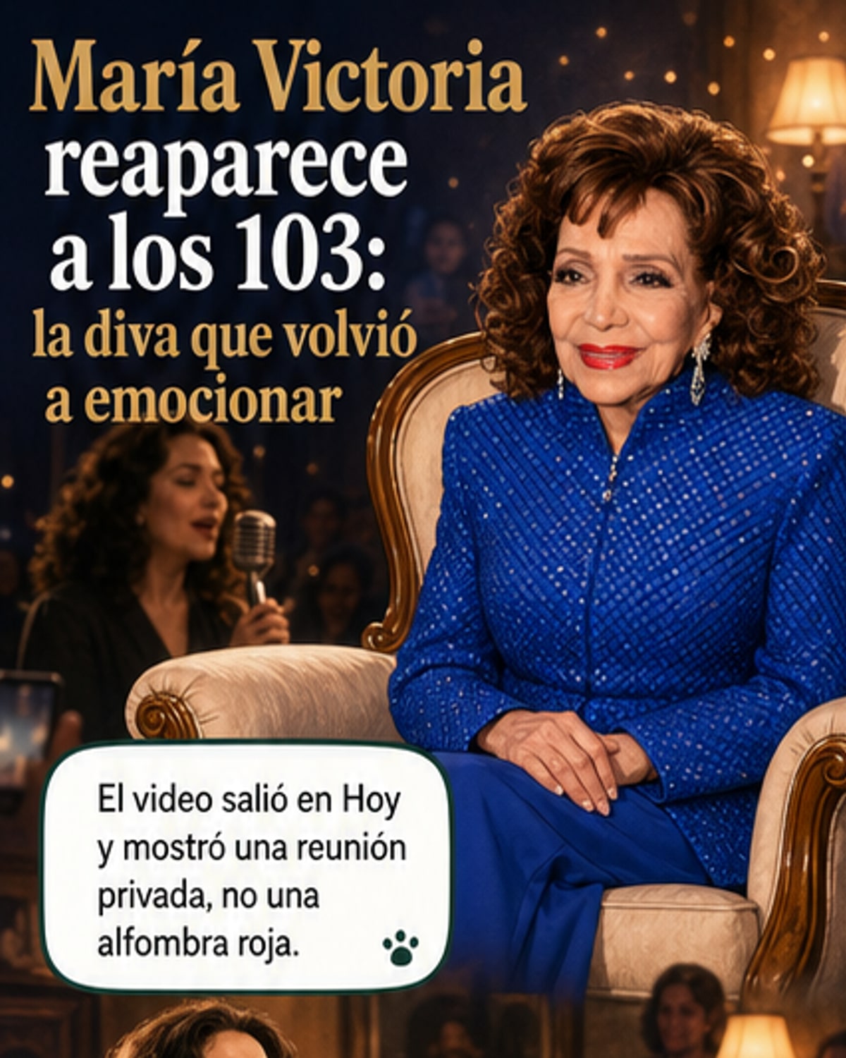 María Victoria, sentada en un sillón marfil, escucha una presentación musical de Tania Libertad durante una reunión familiar íntima.