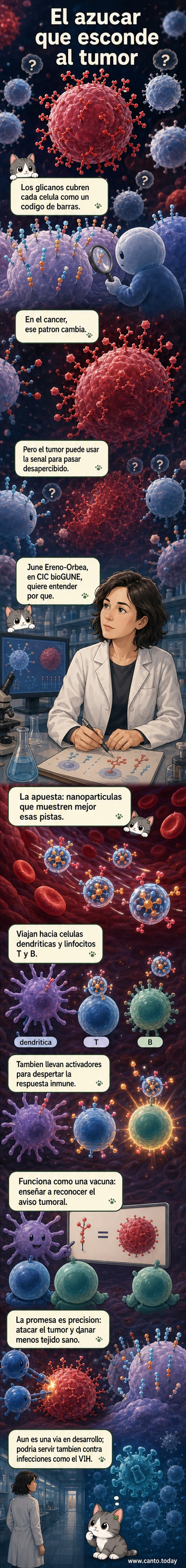 Ilustración de nanopartículas mostrando glicanos tumorales a células inmunitarias como si fueran instructores en un sistema biológico.