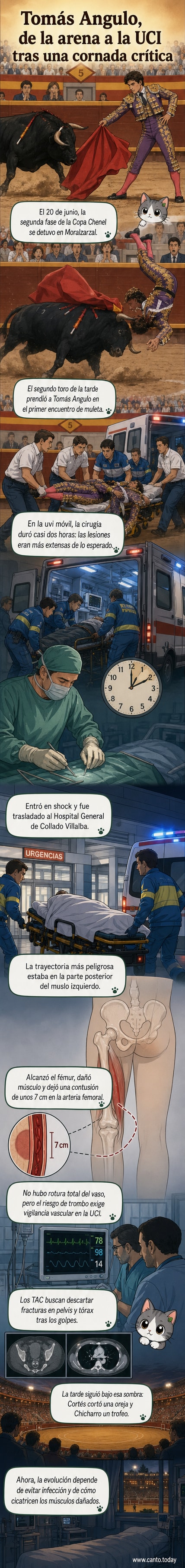 Ilustración de un torero siendo embestido por un toro en una plaza de toros, con personal médico acudiendo al ruedo.