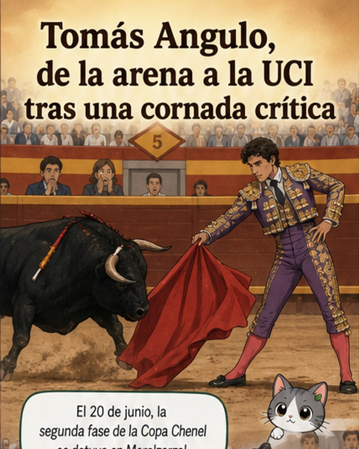 Ilustración de un torero siendo embestido por un toro en una plaza de toros, con personal médico acudiendo al ruedo.
