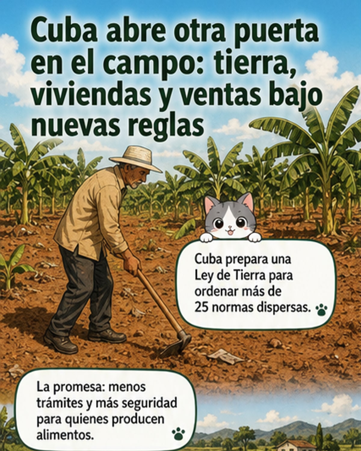 Ilustración de un campo cubano con un campesino sosteniendo un documento de tierra, mientras una nueva ley se despliega sobre el horizonte agrícola.