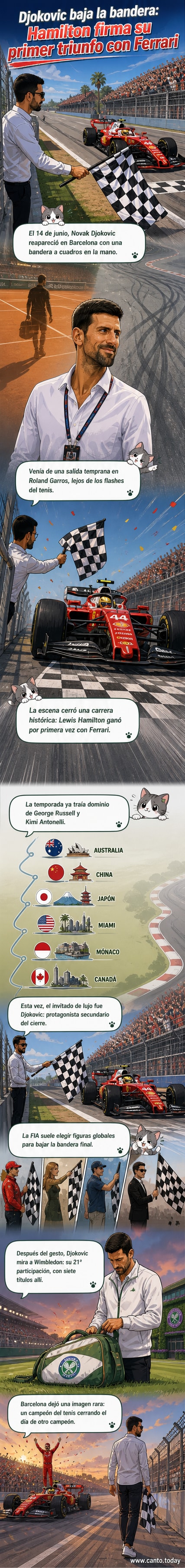 Novak Djokovic bajando la bandera a cuadros en el GP de Barcelona de Fórmula 1, con Lewis Hamilton celebrando al fondo.