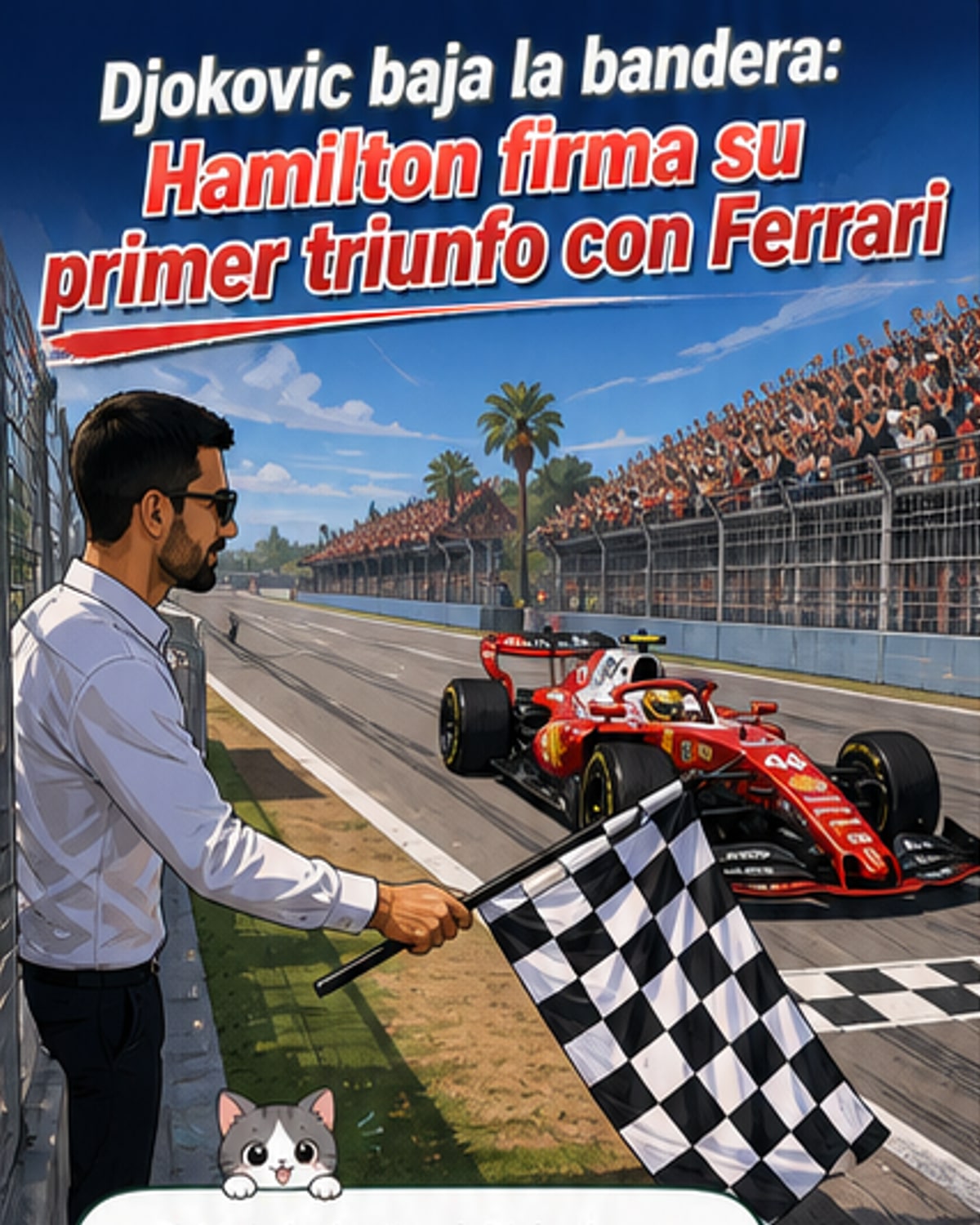 Novak Djokovic bajando la bandera a cuadros en el GP de Barcelona de Fórmula 1, con Lewis Hamilton celebrando al fondo.