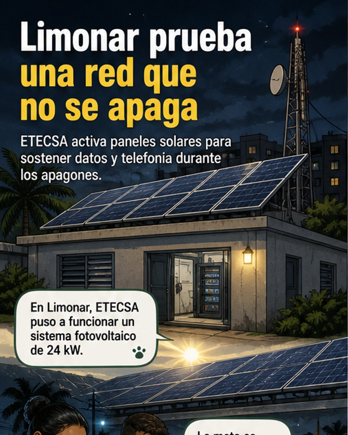Ilustración de paneles solares instalados junto a una torre de telecomunicaciones en un entorno rural, con personal técnico revisando baterías en un centro de control.