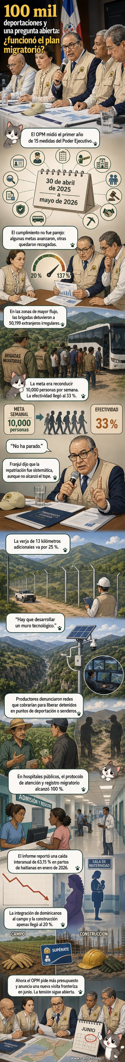Gráfica que muestra la frontera entre República Dominicana y Haití, con cifras de deportaciones, detenciones y caída en nacimientos de haitianas en hospitales dominicanos.