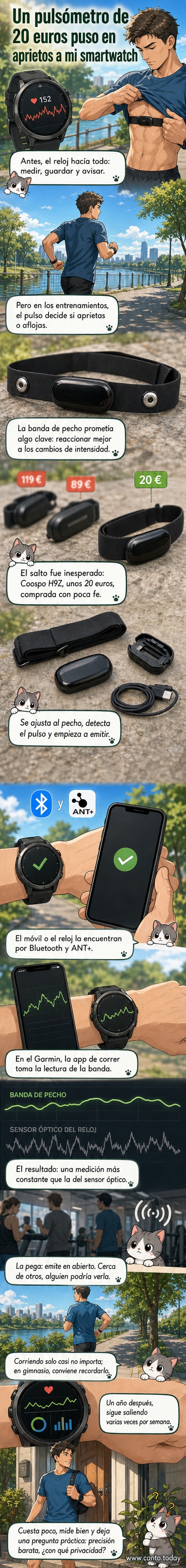 Una banda de pecho Coospo H9Z conectada a un reloj Garmin durante una carrera, mostrando datos de frecuencia cardíaca en tiempo real.