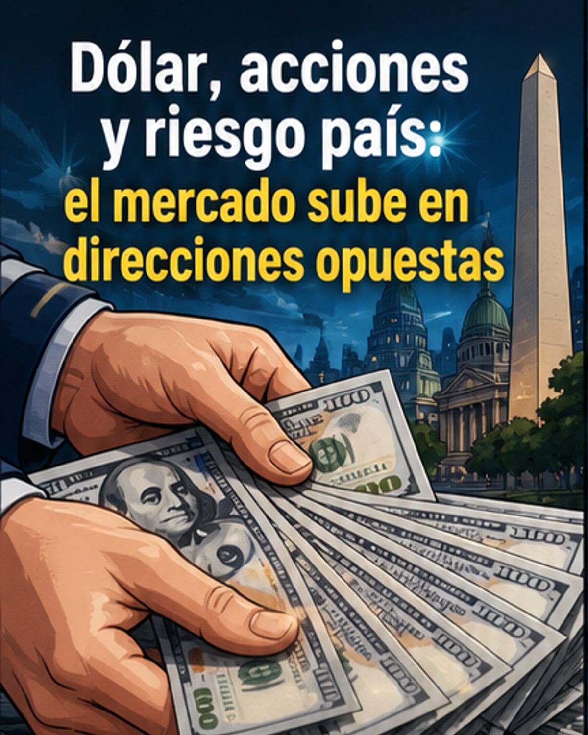 Gráfico con tres líneas ascendentes: dólar oficial, dólar blue y riesgo país, con fondo de bandera argentina y edificio bancario.