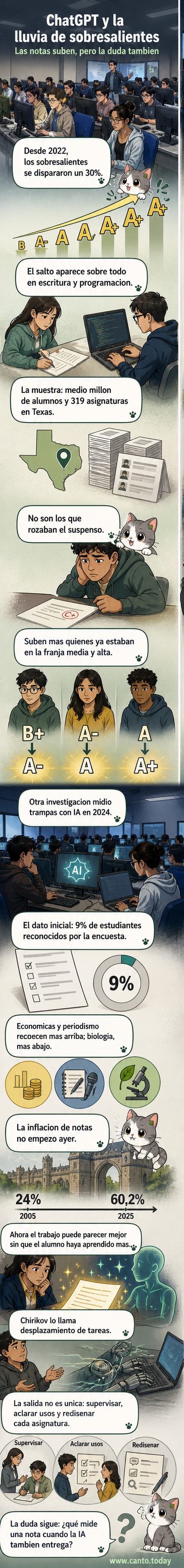Estudiante frente a una pantalla con ChatGPT, mientras su calificación sube a sobresaliente sin que haya escrito nada.