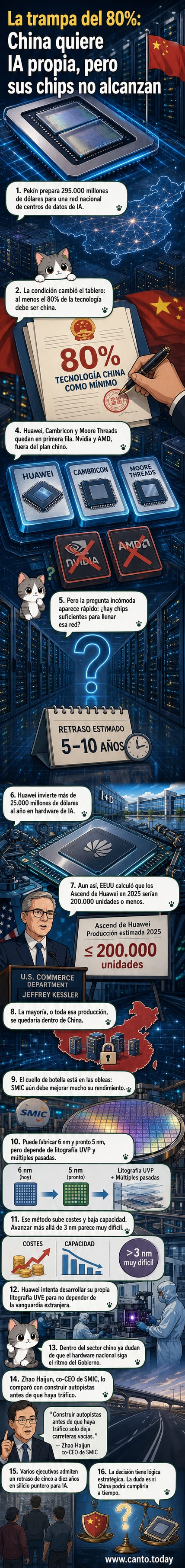 Ilustración de una red de centros de datos en China con chips locales, destacando a Huawei y SMIC, y señalando limitaciones técnicas en producción.