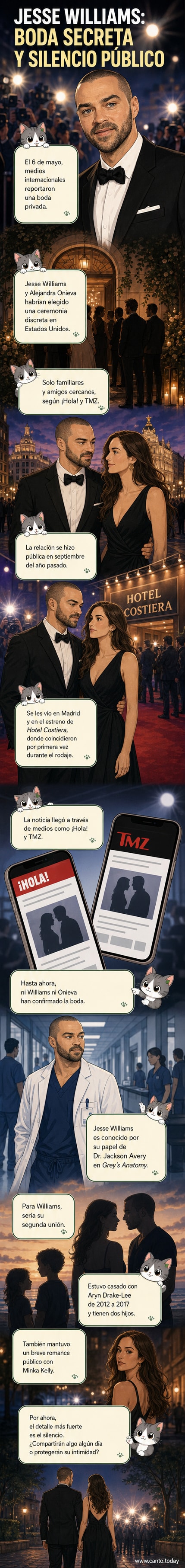 Ilustración de estilo webtoon con Jesse Williams y Alejandra Onieva sonriendo frente a un fondo discreto de ceremonia íntima, sin revelar el lugar exacto.