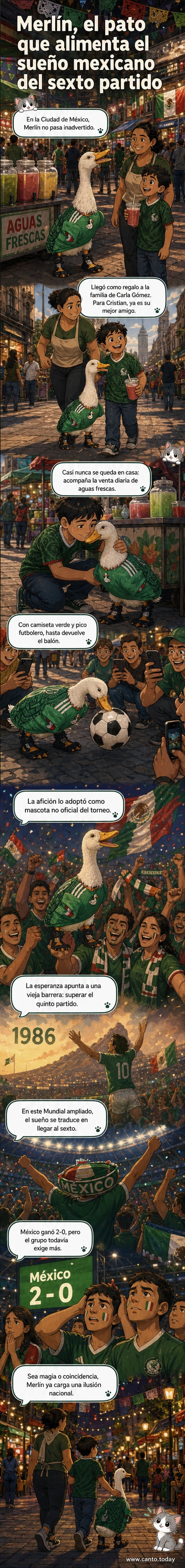Un pato llamado Merlín, con camiseta de la selección mexicana, camina junto a un niño en las calles de la Ciudad de México durante el Mundial 2026.