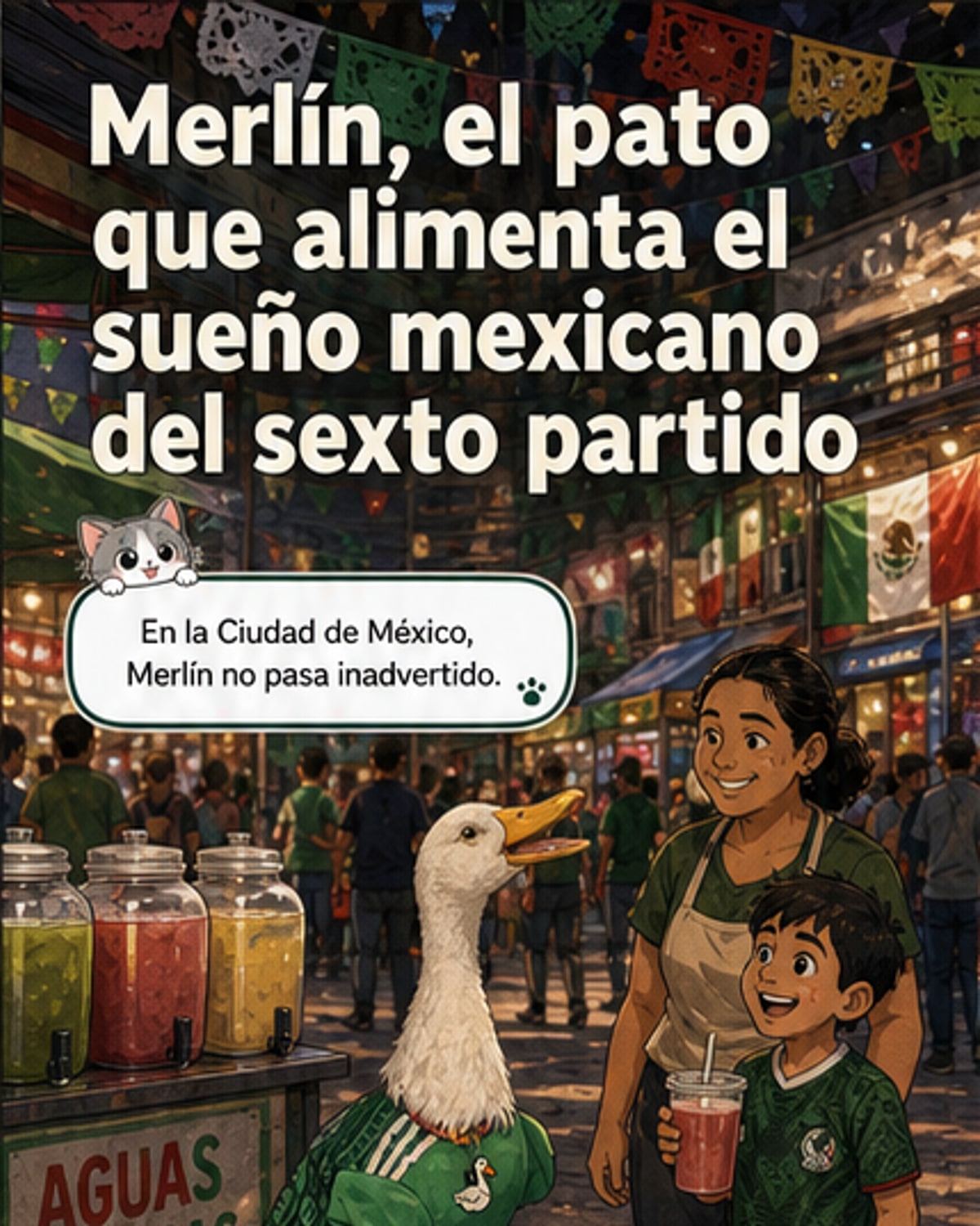 Un pato llamado Merlín, con camiseta de la selección mexicana, camina junto a un niño en las calles de la Ciudad de México durante el Mundial 2026.