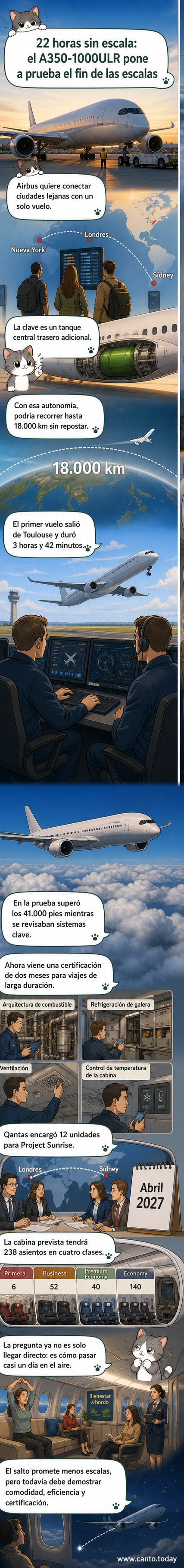 Ilustración de un avión A350-1000ULR volando sobre el océano con una línea de trayectoria larga, mostrando ciudades como Londres y Sídney conectadas sin escalas.