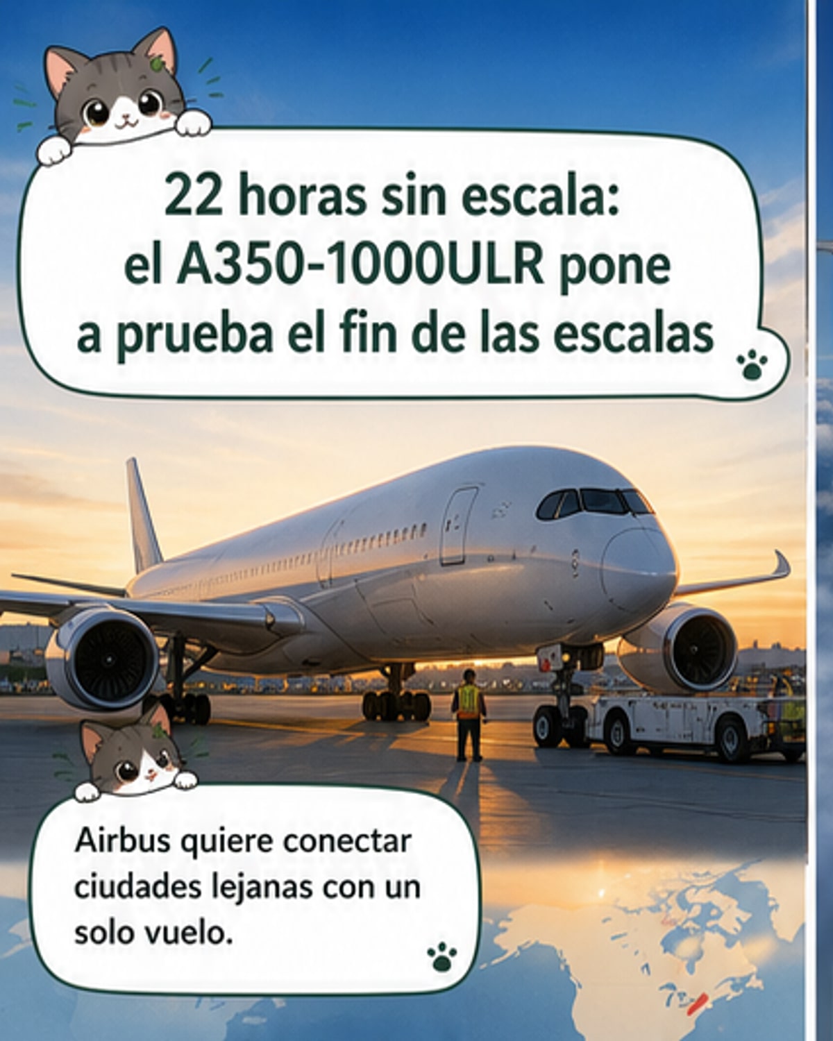 Ilustración de un avión A350-1000ULR volando sobre el océano con una línea de trayectoria larga, mostrando ciudades como Londres y Sídney conectadas sin escalas.