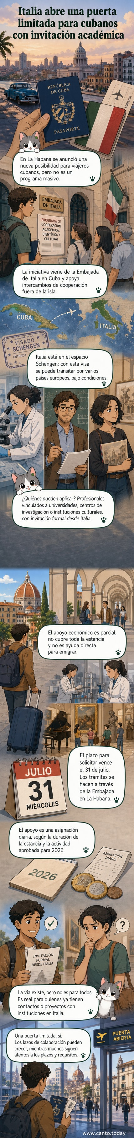 Ilustración de una visa Schengen con la bandera italiana, junto a una mochila y documentos, simbolizando oportunidades para profesionales cubanos.