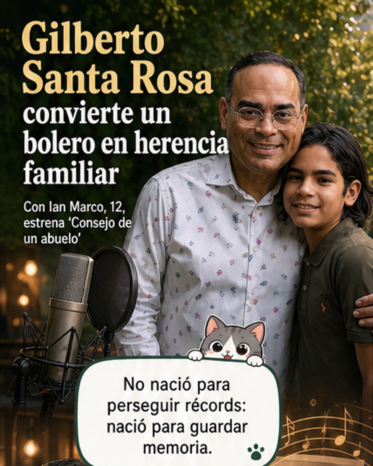 Gilberto Santa Rosa abraza a su nieto Ian Marco frente a un micrófono, ambos sonríen durante una sesión de grabación familiar.
