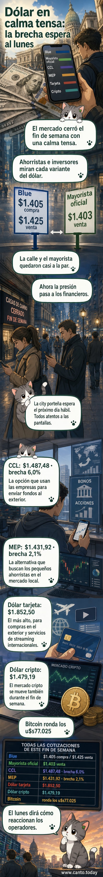 Gráfico comparativo de los distintos tipos de dólar en Argentina: blue, oficial, CCL, MEP, tarjeta y cripto, mostrando sus valores y brechas al 24 de mayo de 2026.