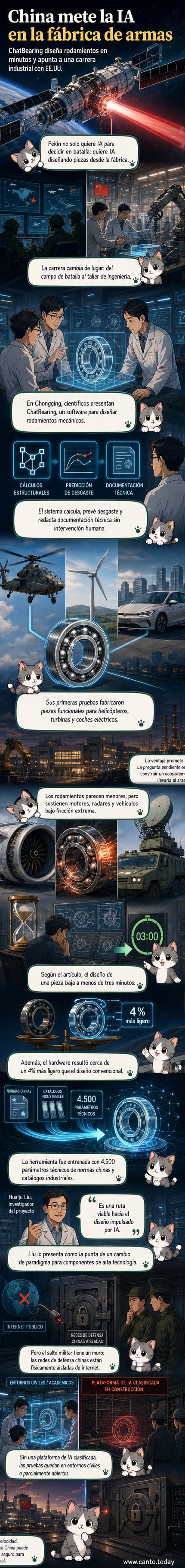 Ilustración de un rodamiento mecánico siendo diseñado por una interfaz de inteligencia artificial, con circuitos y fórmulas técnicas flotando alrededor, simbolizando la automatización del diseño industrial en defensa.