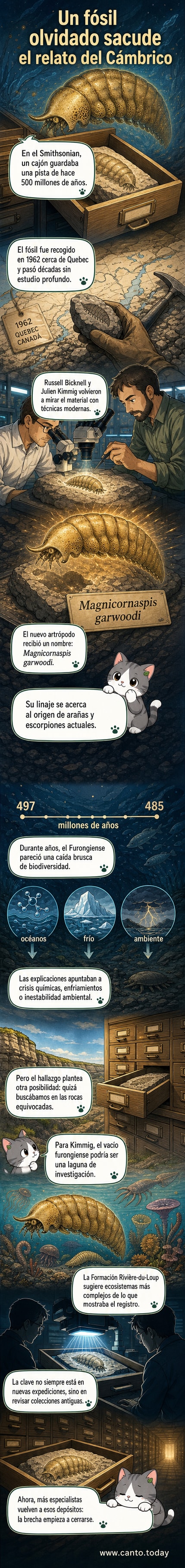 Ilustración de un fósil de artrópodo antiguo con cuerpo segmentado y escudo cefálico prominente, sobre fondo de roca sedimentaria, junto a una lupa que destaca detalles anatómicos.
