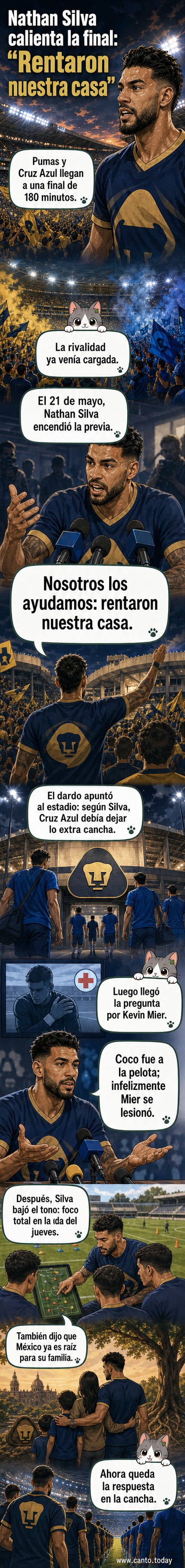 Ilustración de Nathan Silva hablando en rueda de prensa, con el estadio CU de fondo y una flecha simbólica apuntando hacia Cruz Azul.