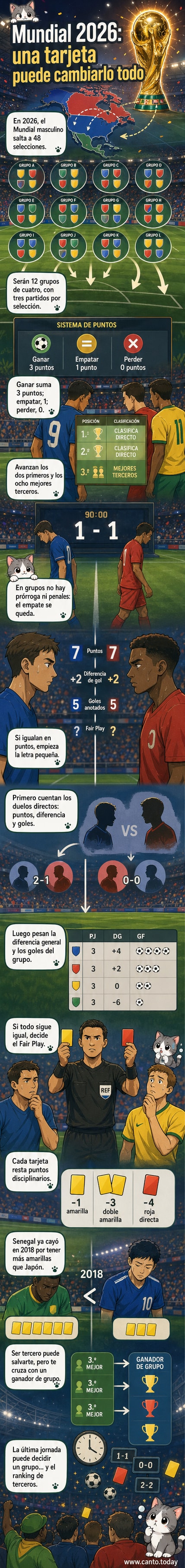 Ilustración de un árbitro mostrando una tarjeta amarilla mientras dos jugadores discuten, con la tabla de posiciones del Mundial 2026 de fondo.